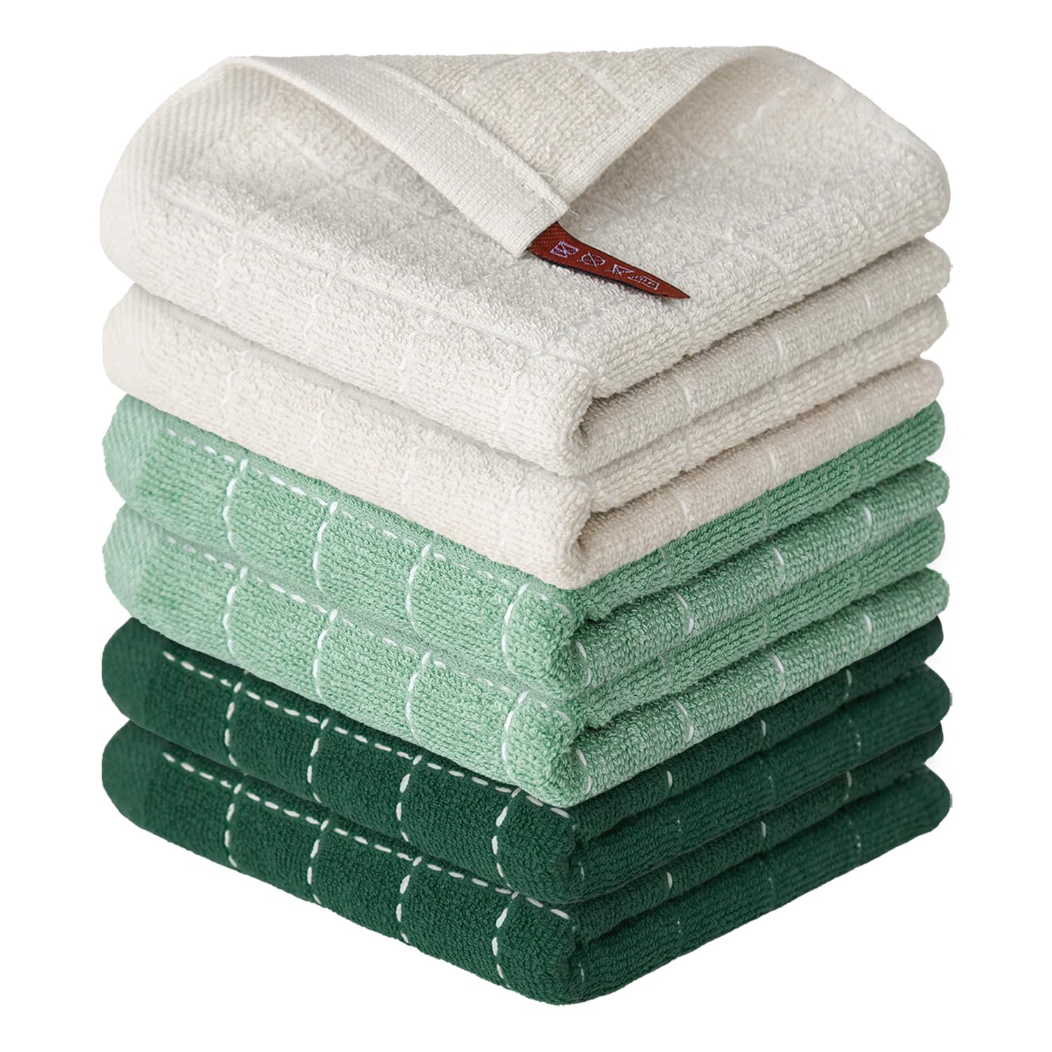 Artoid Mode Checkered Designed Cotton Beige Dark Green Terry Kitchen Dish Cloths, 12x12 Inch Soft Absorbent Quick Drying Kitchen Rags Set of 6
