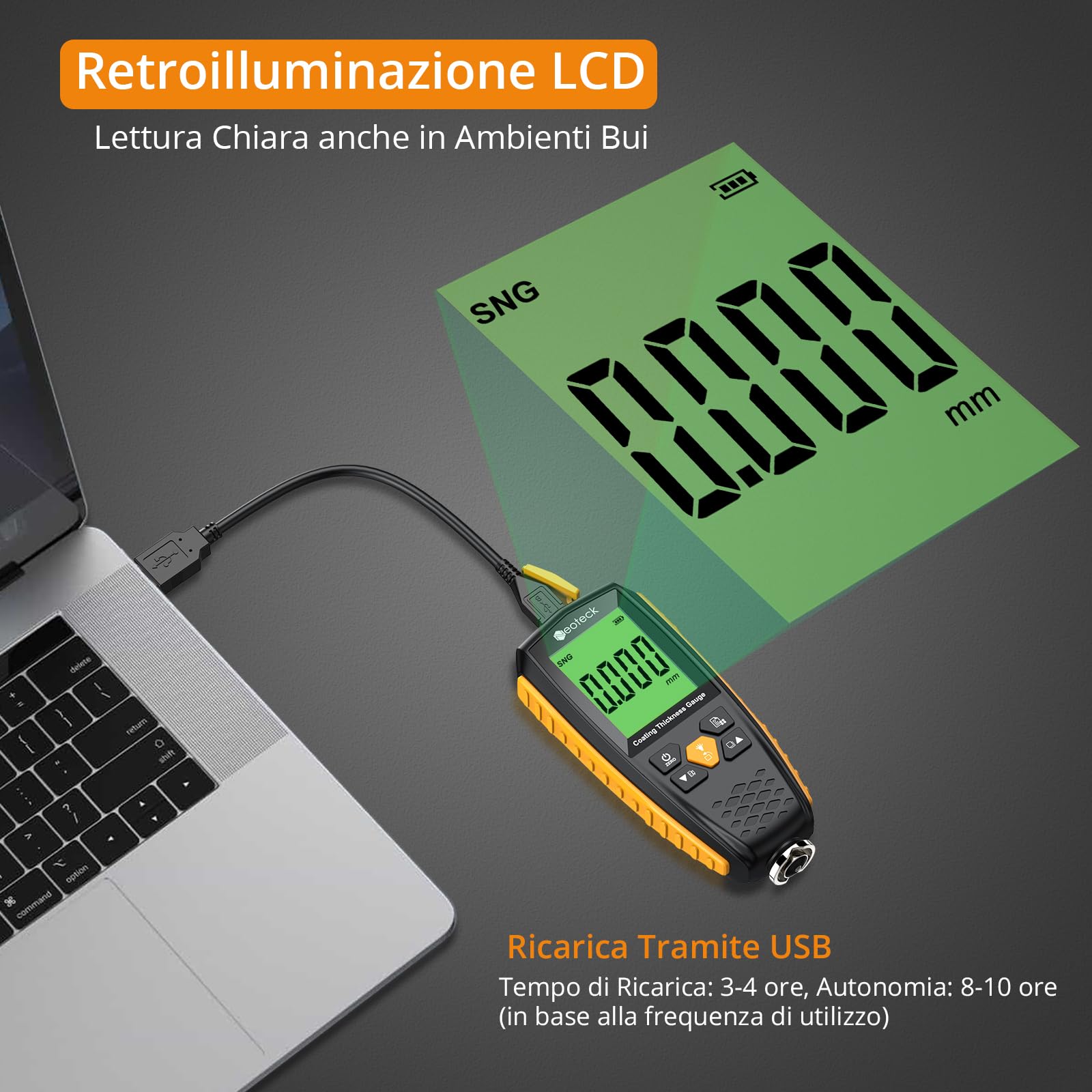 Neoteck Misuratore di Spessore Vernice 0-1300um Spessimetro LCD Retroilluminazione Auto Spegnimento Automatico