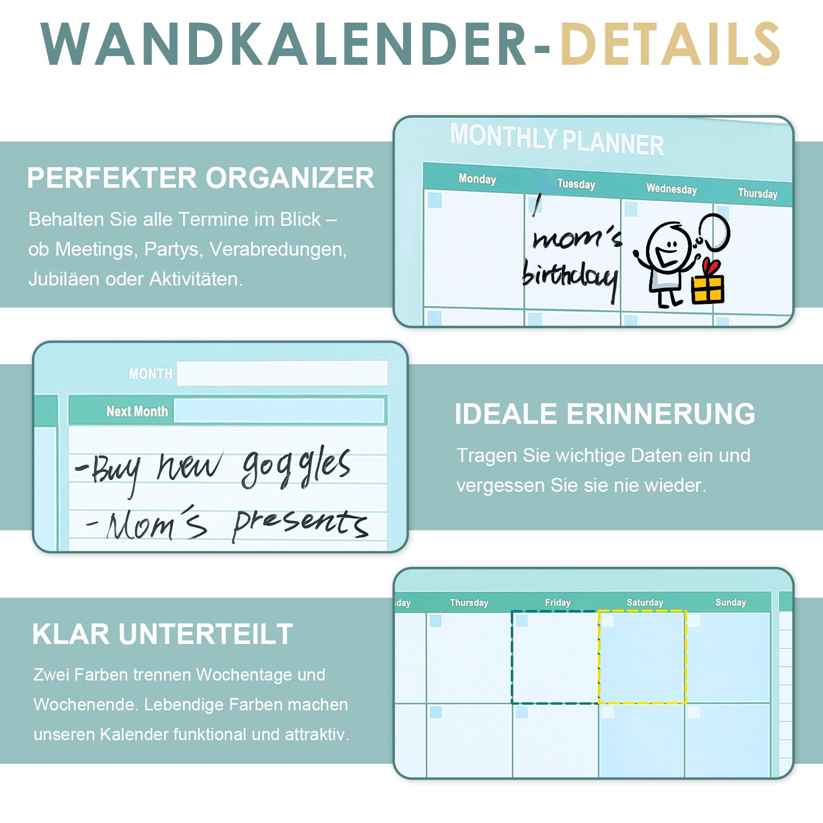 MAKELLO Whiteboard Monatsplaner 90x60cm Abwischbar Kalender mit nächstem Monat Büro