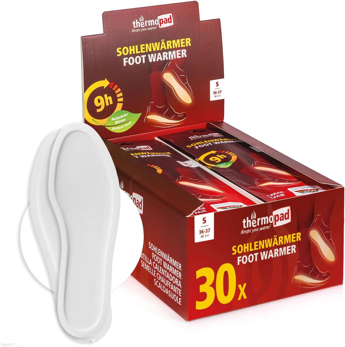THERMOPAD scalda-suole - 30 paia (disponibili in 5 taglie) - extra caldo - solette riscaldanti - piedi caldi per 9 ore - autoriscaldante