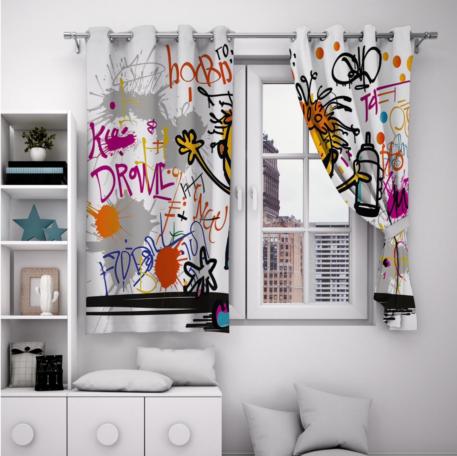 Mehrfarbige Graffiti Kurze Vorhänge für Fenster Anime Kinderzimmer Vorhänge für Glasschiebetüren Bunte Kinder Vorhänge B132xH225