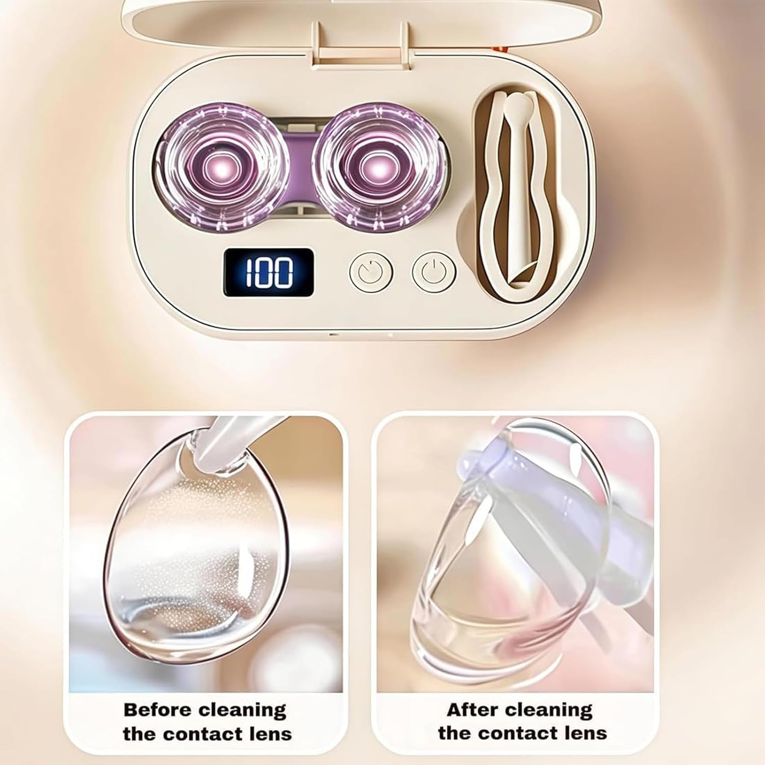Portable Rechargeable Ultrasonic Contact Lens Cleaner Case, Deep Cleaning Lens Cleaner Machine with Built-in Mirror and Tweezers for Home, Travel and Office Use (2 PCS)