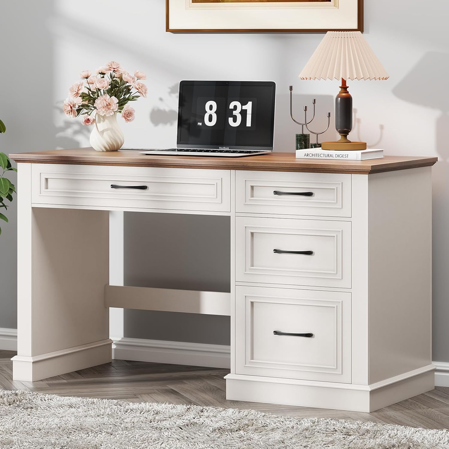 Farmhouse 47" Executive Desk, Computer Desk with Drawers and File Drawer, Workstation Computer Desk with Charging Station for Home Office,Study (Unique White)