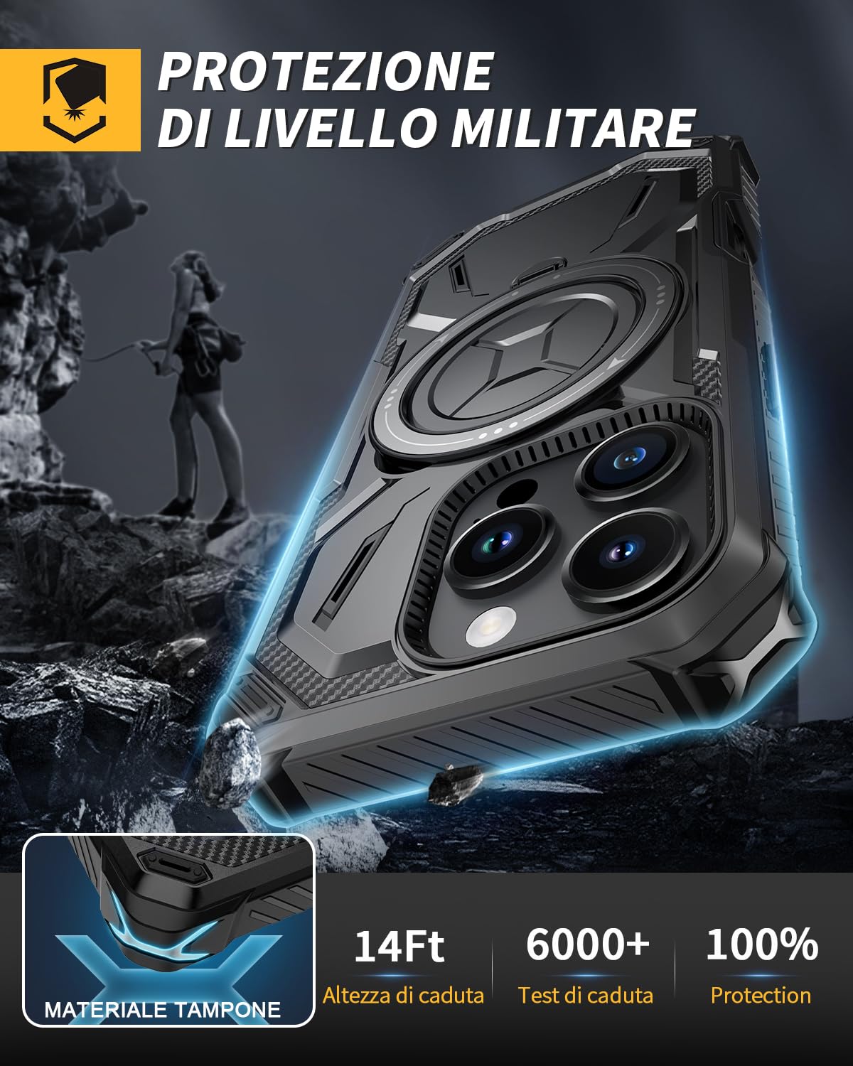 Lanhiem Cover per iPhone 16 PRO con 2 Pezzi Vetro Temperato, 14FT Antiurto Anticaduta Militare,Supporto Magnetico Anello a 360° Protezione Armor Protezione, Custodia per iPhone 16 PRO, Nero