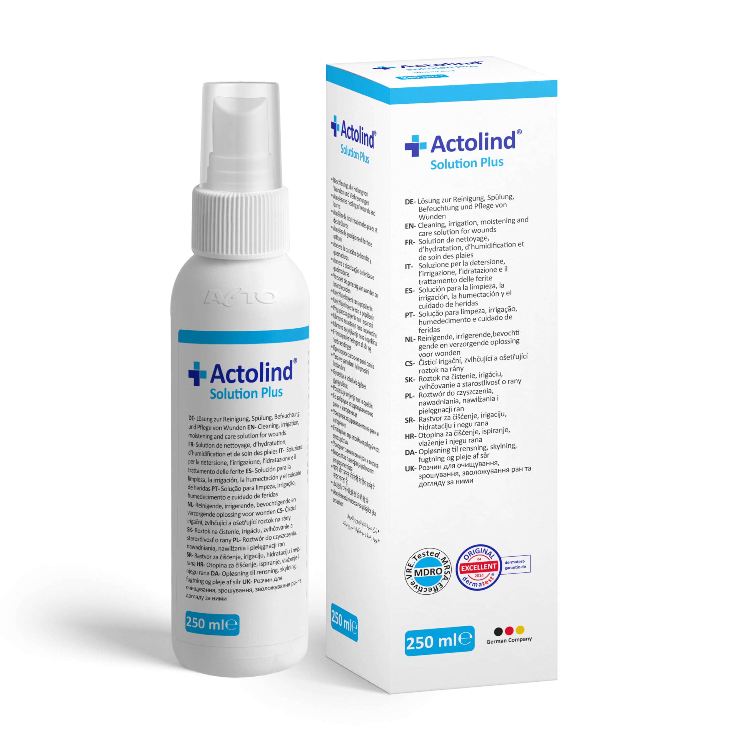 Actolind Solution Plus 250 ml – soluzione antisettica per irrigazione delle ferite. Pulizia e idratazione indolore di ferite acute, croniche, infette e ustioni. Classe CE III secondo MPG. Con PHMB.