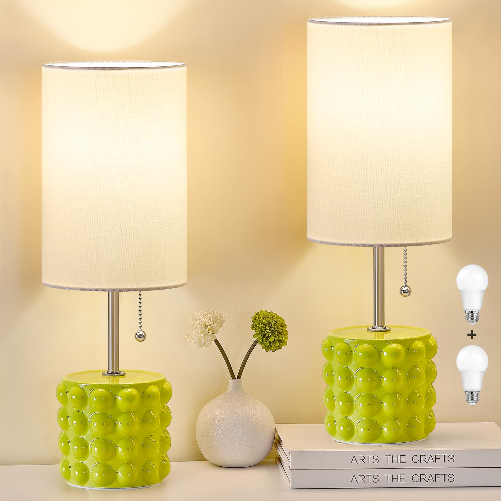 GyroVu Ceramic Table Lamp Set Of 2 – 3-Color Temperature Pull Chain Lamps With Bulbs For Bedside, Nightstand, Or Small Spaces (Blue)