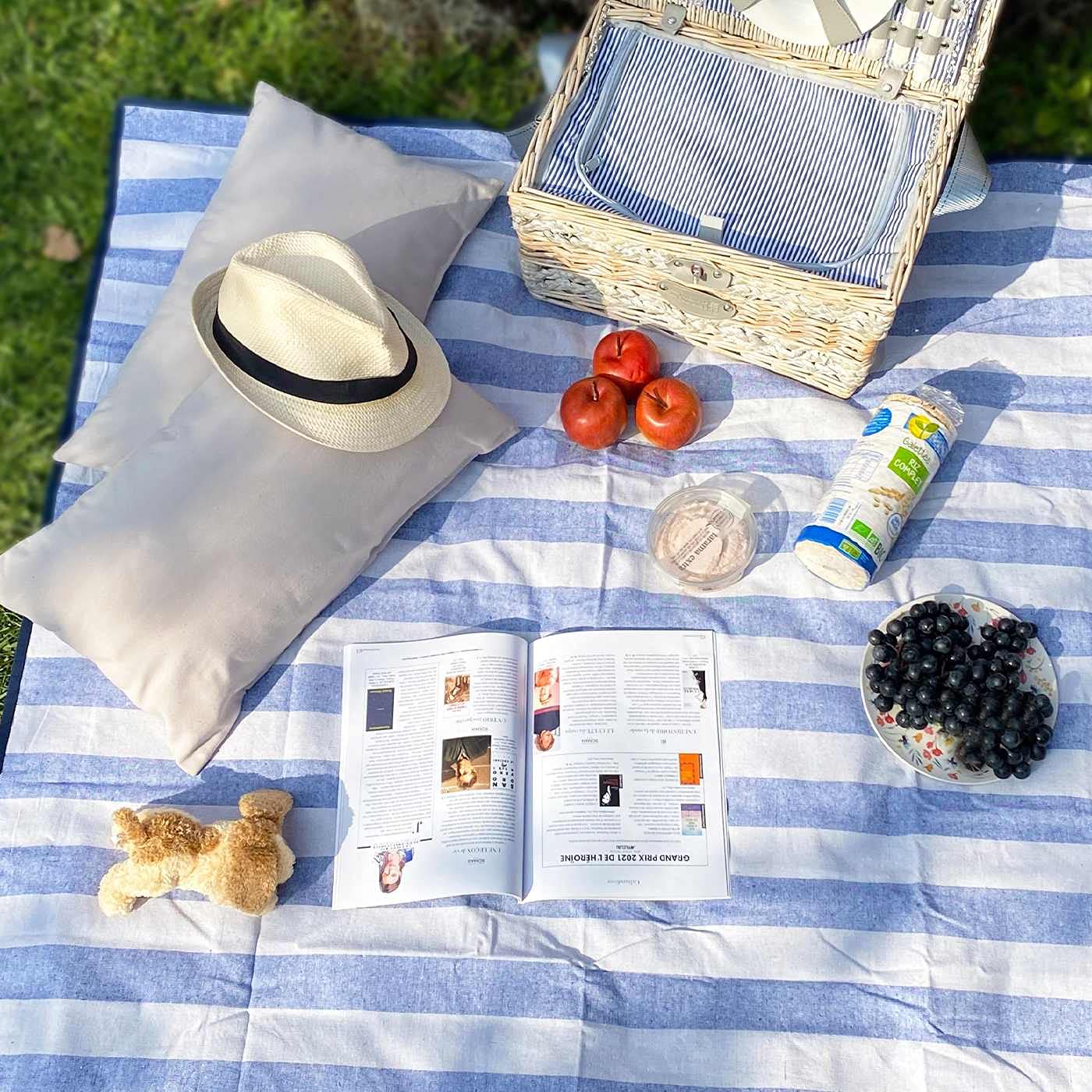 Les Jardins de la Comtesse - Nappe Pique-Nique Carré Bleu Ciel/Blanc - Coton/Revers Imperméable Polyester - 140 x 140 cm - Parfait pour l'herbe - Aussi pour Table de Jardin - 4/6 Personnes