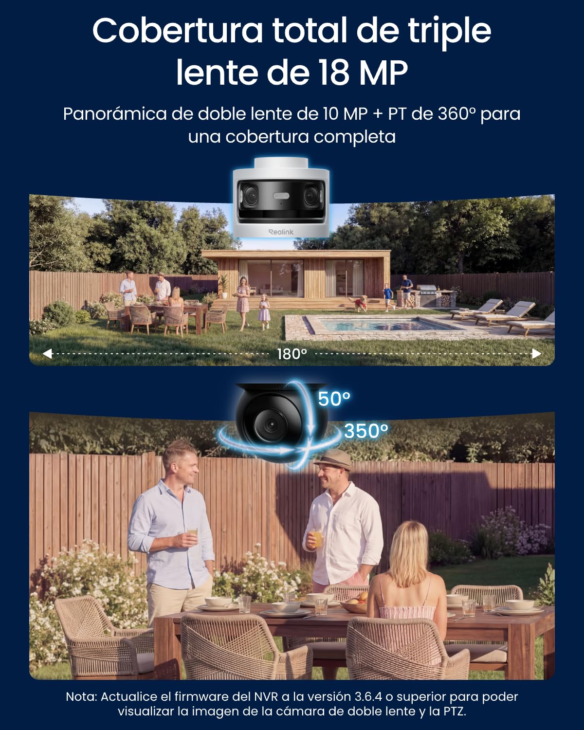 Reolink Cámara de seguridad PoE para exteriores de triple lente, panorámica PT de 10 MP + 8 MP, con seguimiento automático SyncTrack, visión nocturna en color e infrarroja, grabación 24/7, OMVI 3i PoE