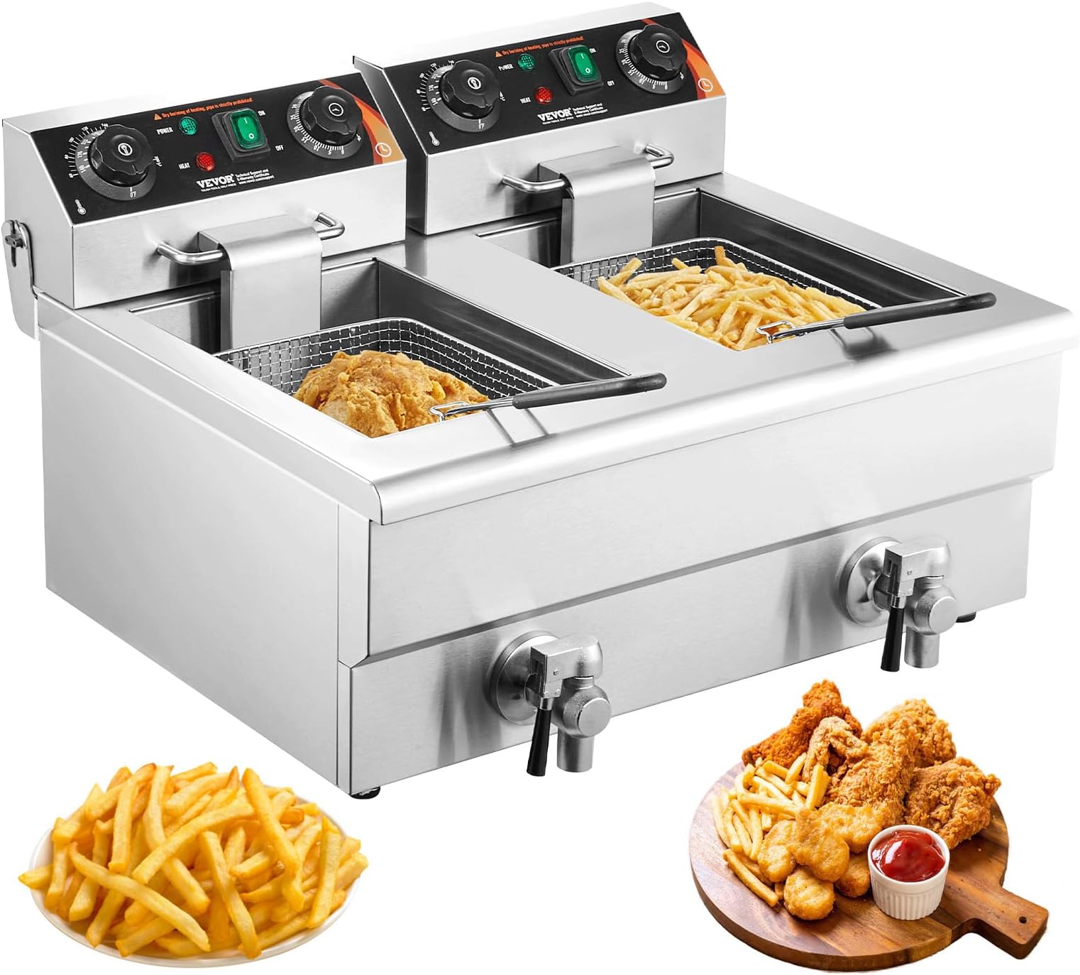 Commercial Deep Fryer, Dual Tank 3000W Electric Countertop Fryer with Basket, 2 x 11.6Qt/11L Double Stainless Steel Oil Fryer with Drain, Time & Temp Control, for Kitchen Restaurant Use