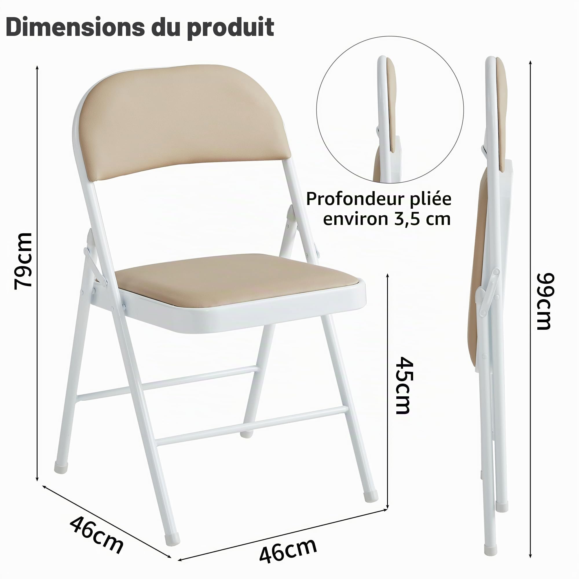 McC Direct Lot de 6 chaises pliantes en cuir synthétique, cadre en métal et siège rembourré, facile à plier et à ranger pour la maison, le bureau, la salle à manger et la réception (beige)