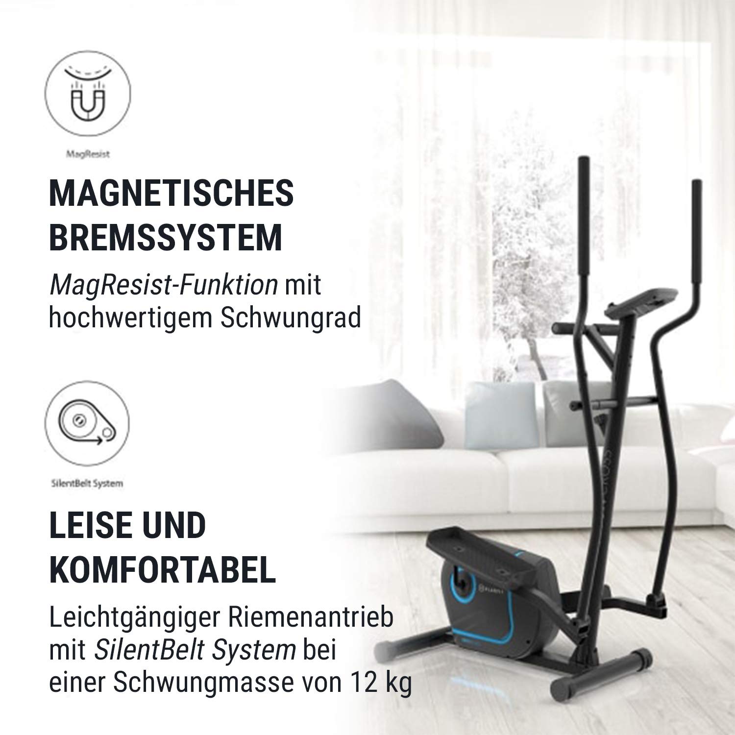Klarfit Myon Cross – Ellipsentrainer für zu Hause, klappbar, zertifizierter Rahmen, Schwungrad 12 kg, magnetisches Bremsen, Tablet-Halterung, Riemenantrieb, Impulssensor