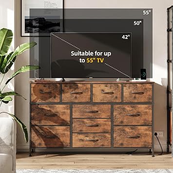 CAIYUN Chest of Drawer for Bedroom, Power Outlet 11 Fabric Drawers TV Stand Dresser with for 55 Inch TV, Closet Organizers for Living Room, Brown