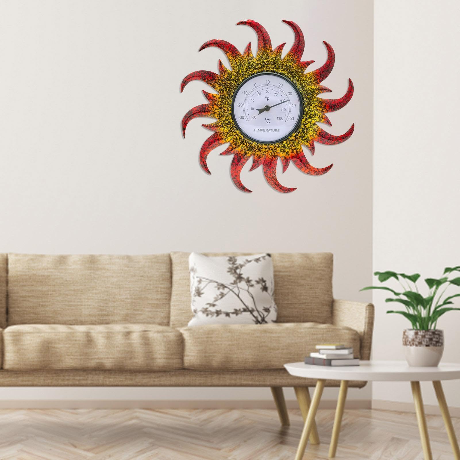 Termometro decorativo da esterno, 40 x 40 x 4 cm, a forma di | sole, per terrazza, soggiorno, serra da giardino, cantina, senza batterie necessarie