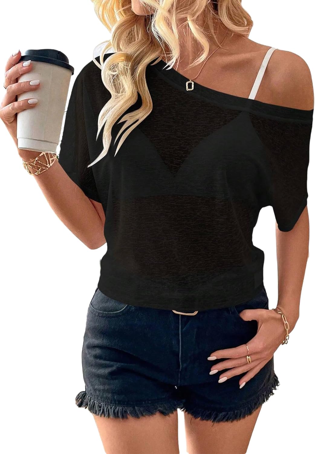 Off The Shoulder Tops for Women Sexy Mesh See Through Short Sleeve Summer Shirt - Image 4