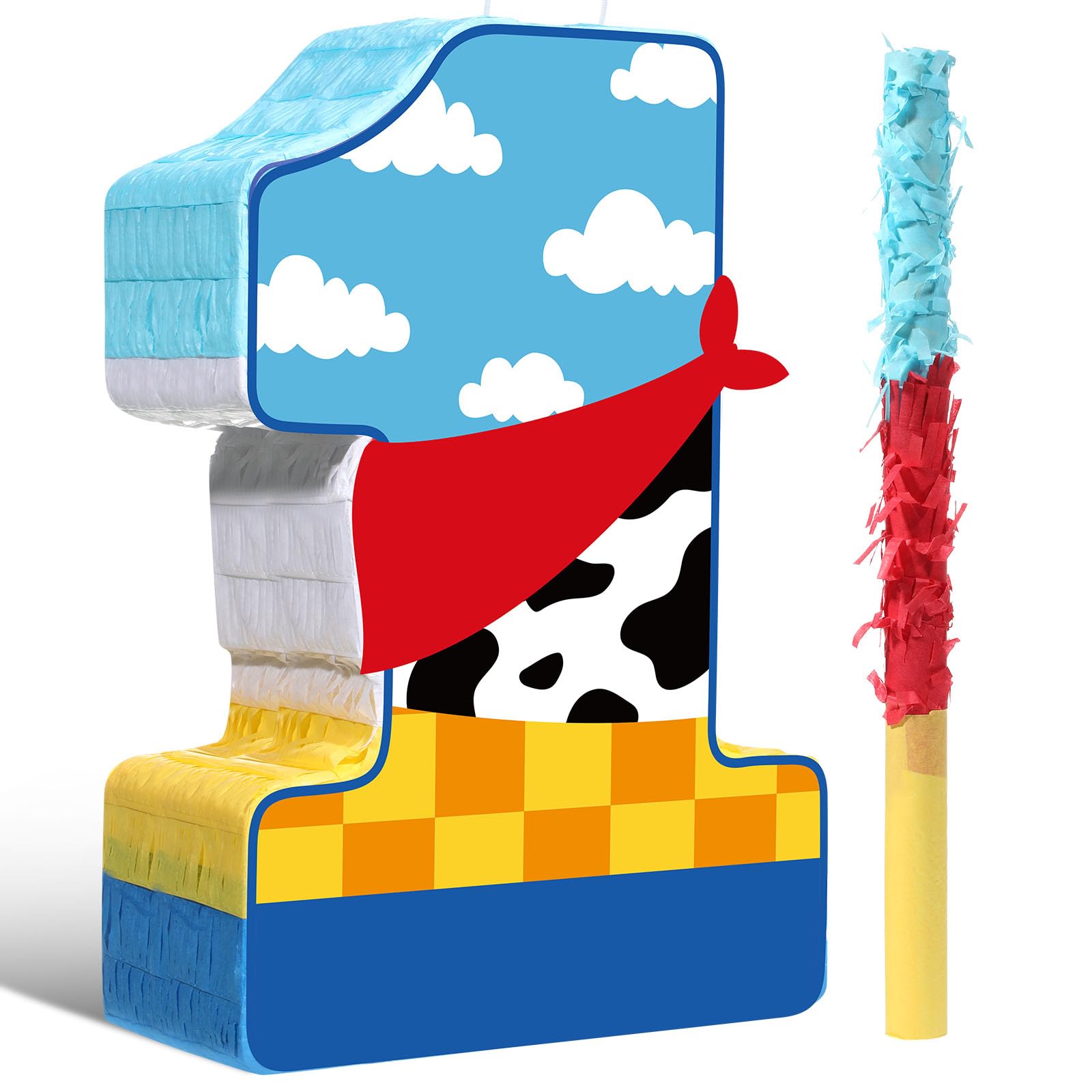 Hungdao Toy Inspired Birthday Piñata for Kids Cartoon Cow Number Piñata Decorations Summer Cartoon Game with Stick Red Scarf Blue Sky Cloud Boys Girls