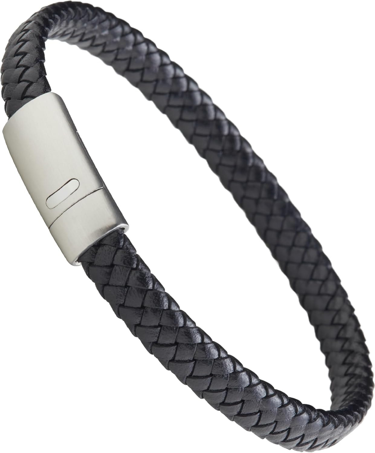 LUXAR Men’s Genuine Leather Bracelet | Interwoven Black Leather Bracelets with Brushed Stainless Steel Clasp | Minimalist, Designer Jewelry for Men (Silver, Large)
