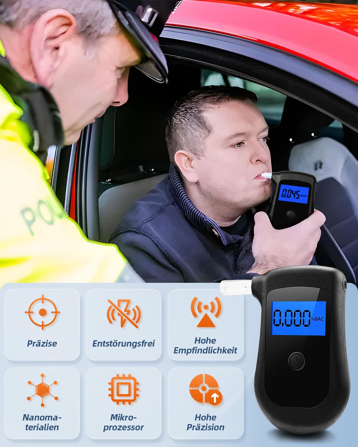 Präziser Alkoholtest Polizei-Standard, Professioneller Atemalkoholmessgerät mit 12 Mundstücken, Hochpräziser persönlicher Alkoholtester mit digitalem LCD-Display, Vatertagsgeschenk für Papa
