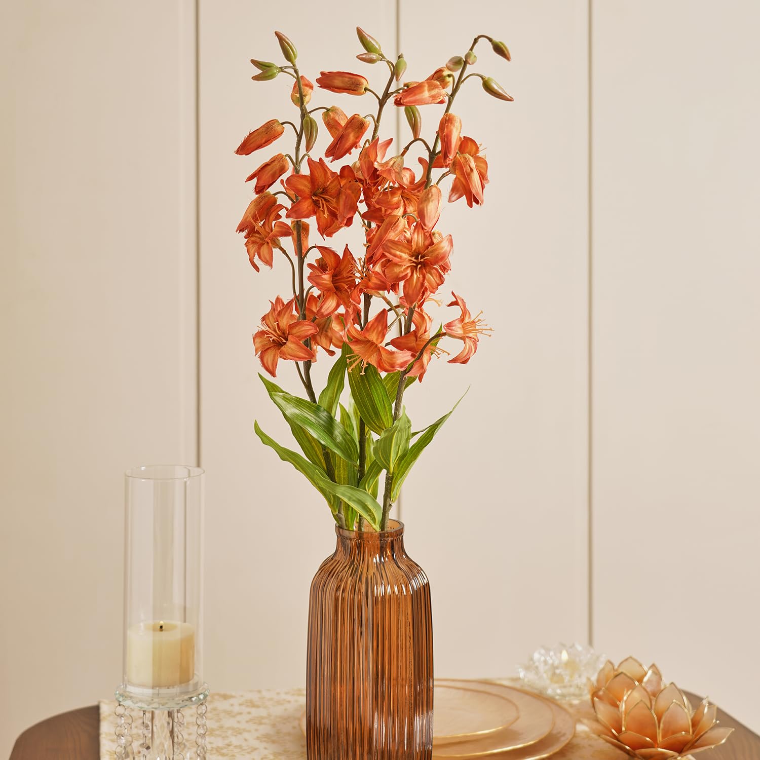 Pure Home + Living Orange Lily Faux Flower Spray Plastic Flowers Sticks for Gifting, Home, Bedroom, Balcony, Living Room,Table Decoration,Craft Items, (Height-118 CM) Pack of 1-image-0