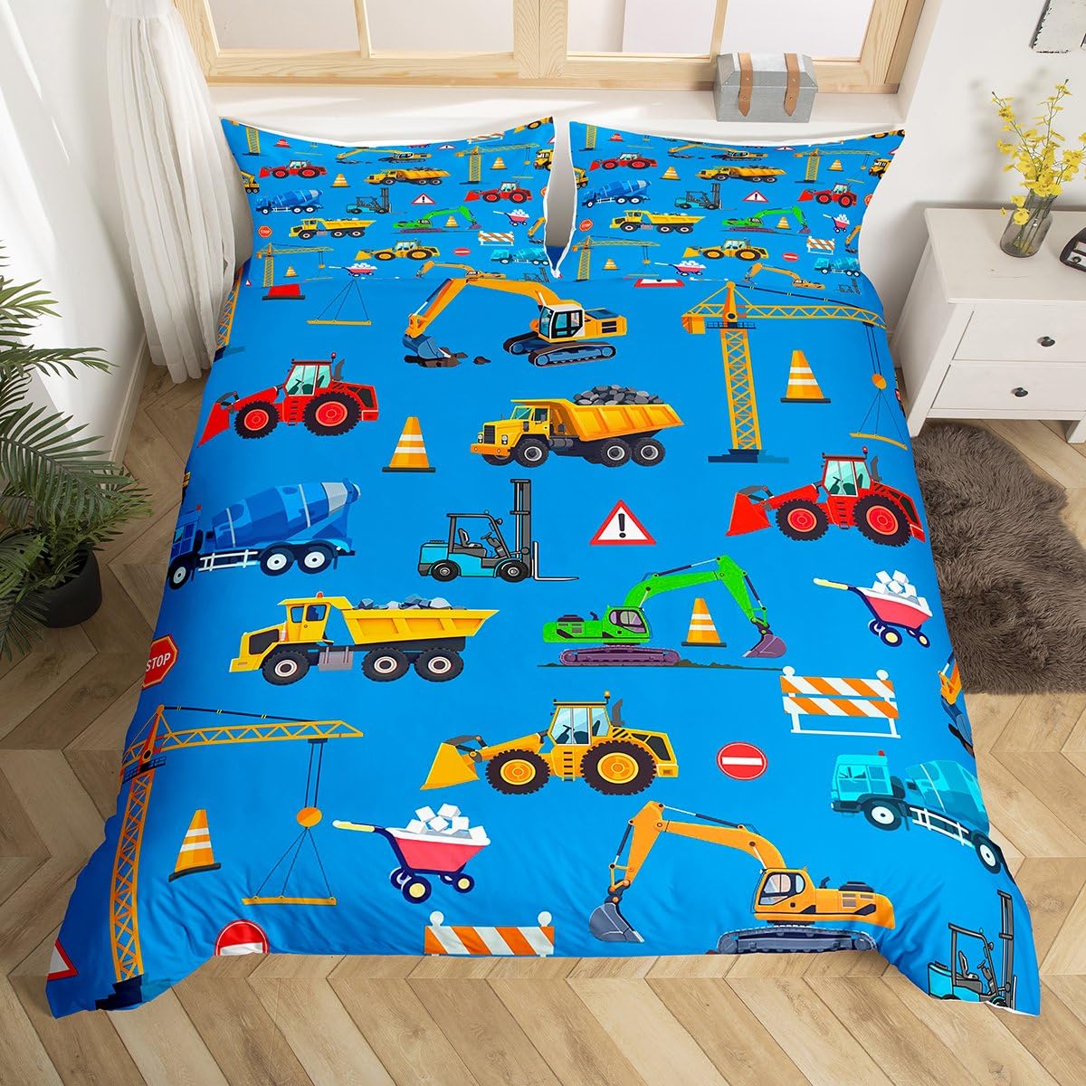 Parure de lit de construction 140x200 housse couette excavatrice bleue pour chambre d'enfant