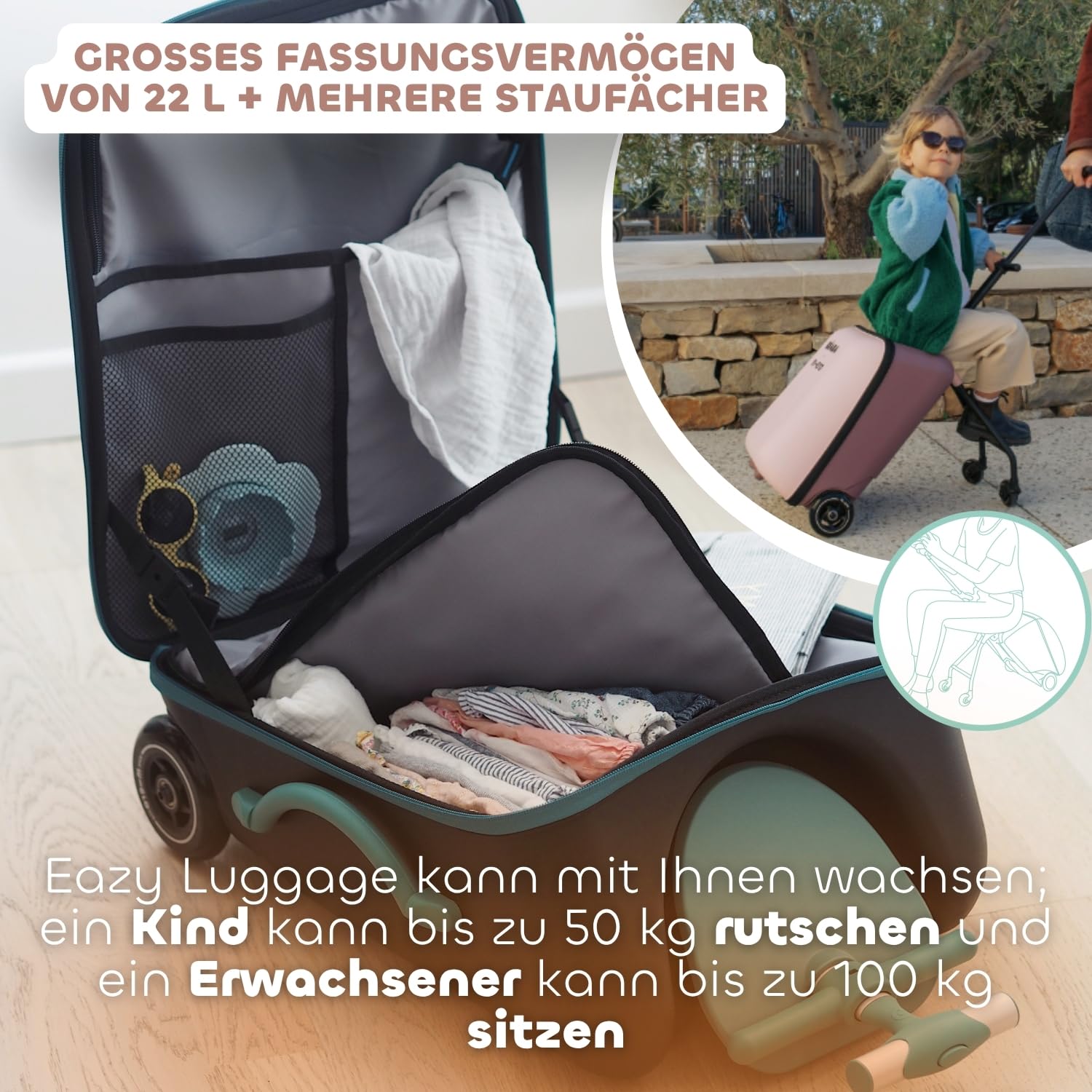 Béaba & Micro Mobility, 2 In 1 Kinder Kabinenkoffer Mit Sitz, Ab 4 Jahre, Evolutiv, Große Öffnung, 22L Kapazität, Mehrere Fächer, Praktisch, Luggage Eazy, Marshmallow