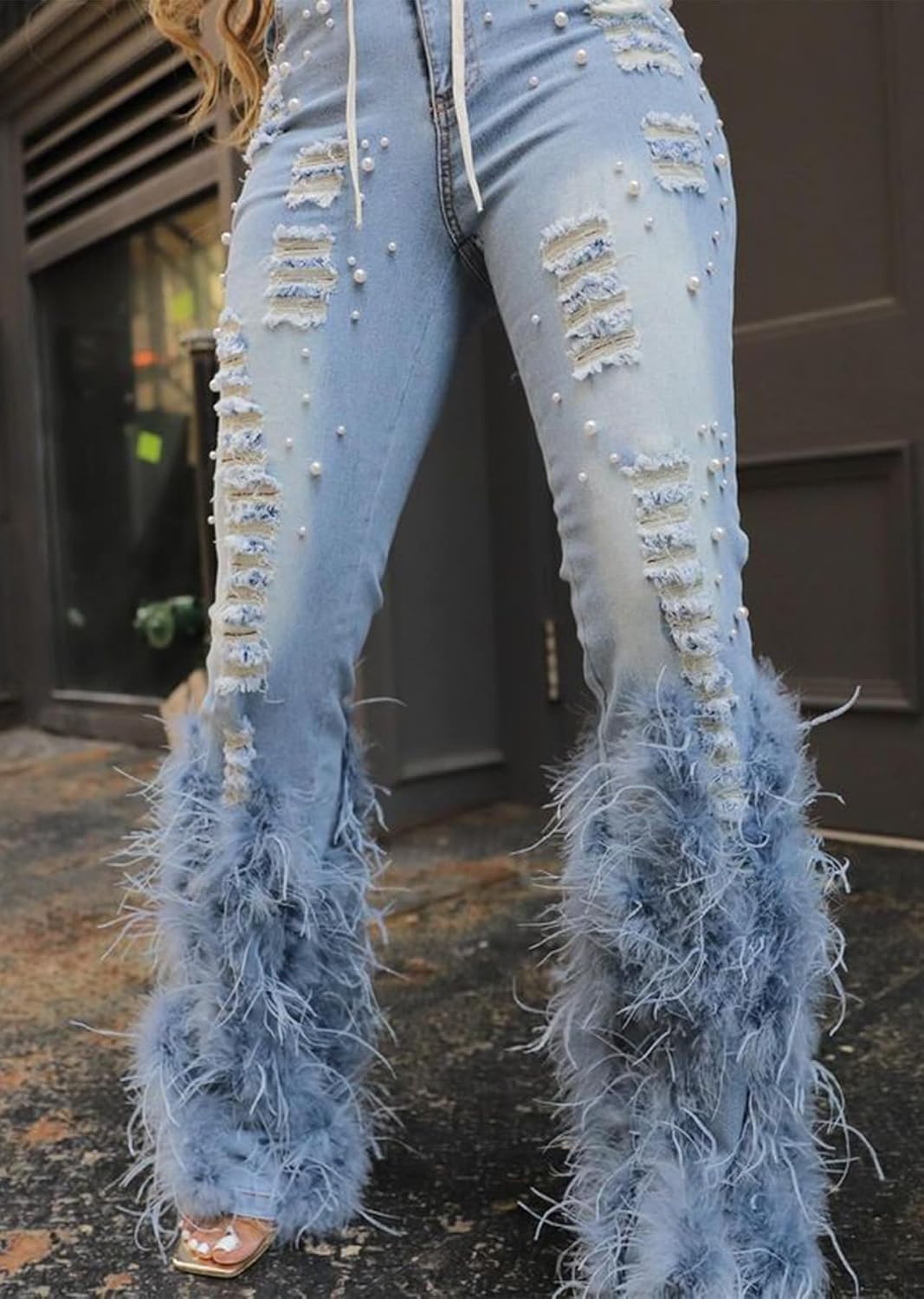 LETSVDO Women's Flare Ripped Pearl Jeans High Waist Distressed Feather Bell Bottom Stretchy Denim Pants - Image 7