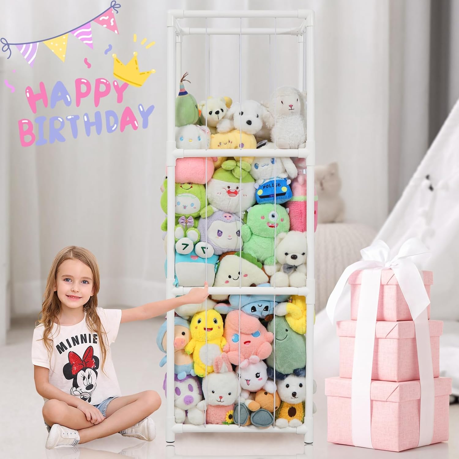 JAWNLITY Stuffed Animals Zoo Storage, 330L Large PVC Stuffed Animal Holder Stuffy Organizer, Easy-Access Plush Toy Storage Cage for Toddler Playroom, Bedroom