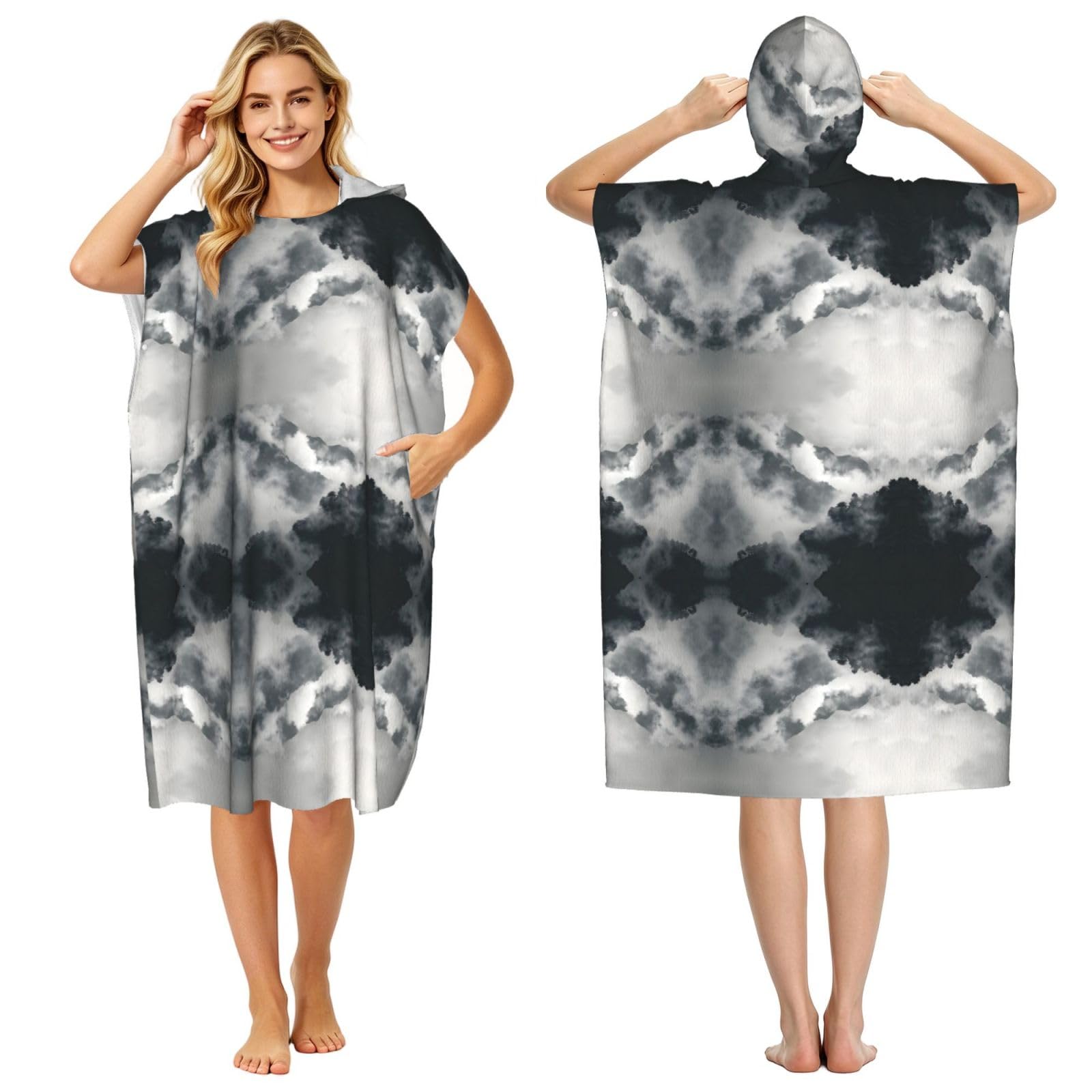 EZDLOWVBA Cloud And Mist Print Hooded Poncho Microfiber Beach Towel,Adult Women & Men Changing Robe,Lightweight Summer Surf Swim Bath Poncho Towel