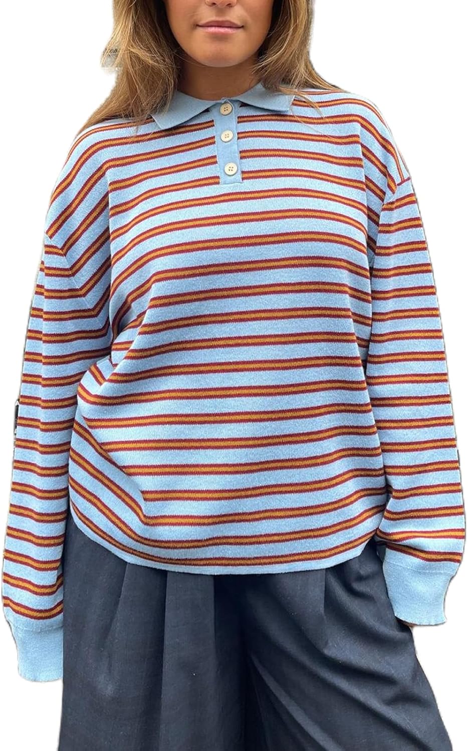 Women Polo Collar Striped Long Sleeve Sweater Y2k Long Sleeve Vintage Stripped Knit Oversized Sweatshirt Shirts