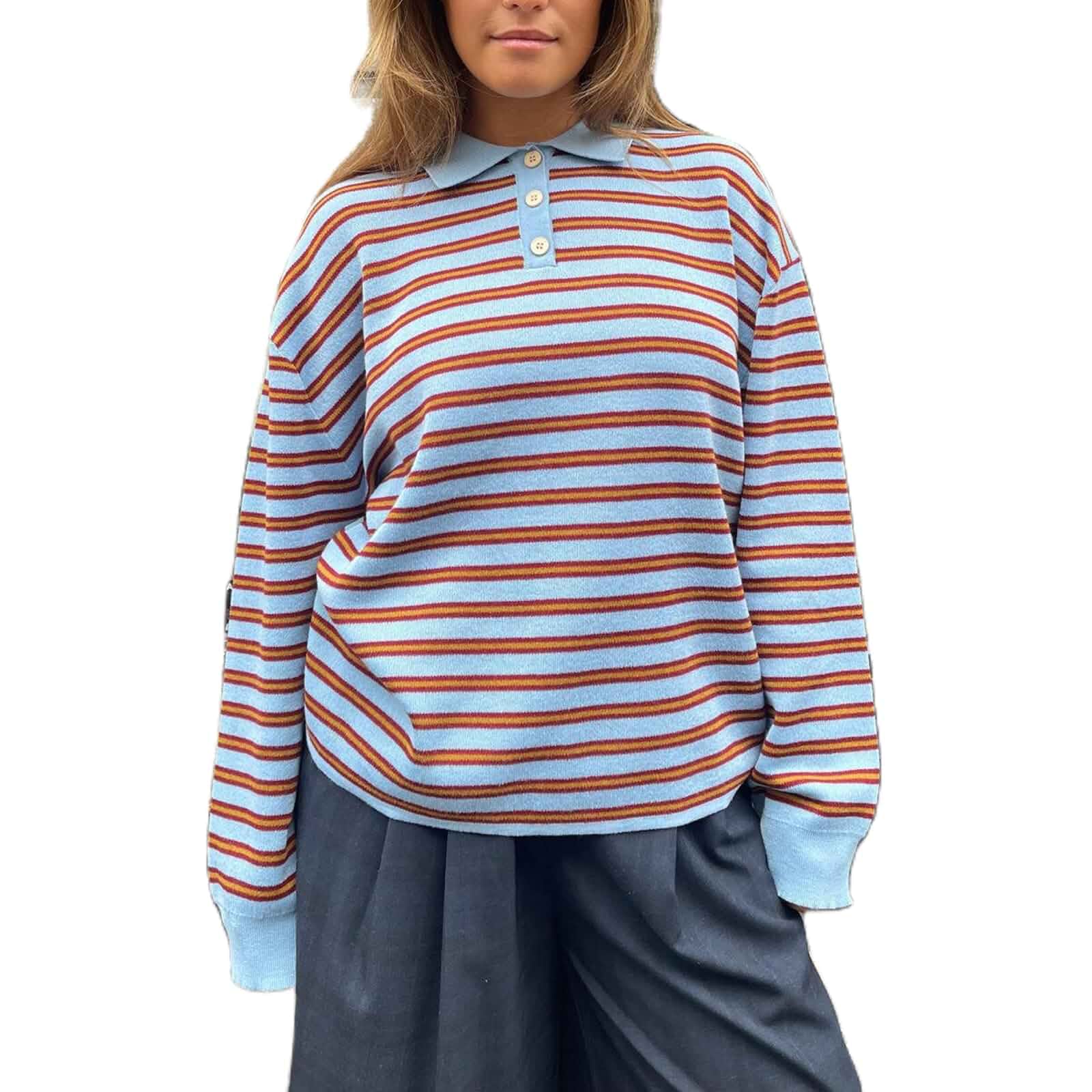 Women Polo Collar Striped Long Sleeve Sweater Y2k Long Sleeve Vintage Stripped Knit Oversized Sweatshirt Shirts Striped