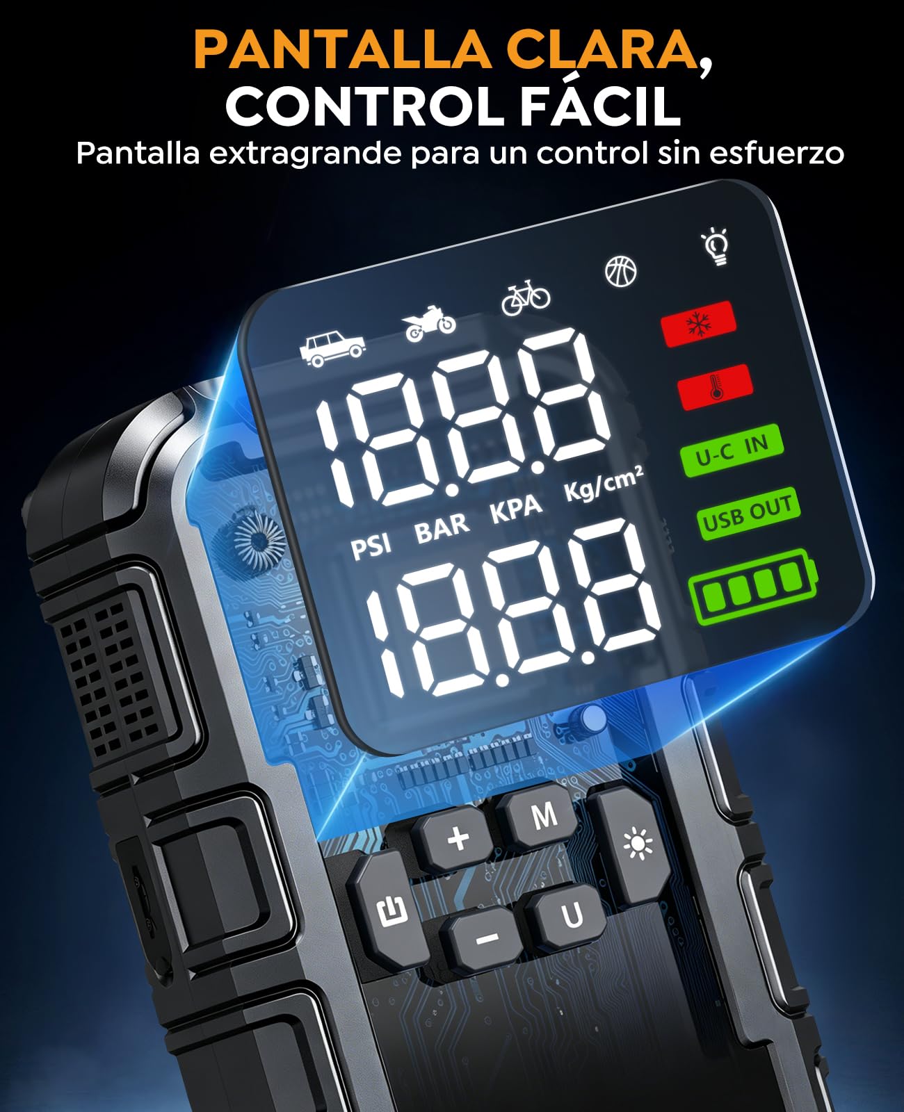 Arrancador de Baterias de Coche 8000A con Compresor, 160PSI Inflador de Neumáticos, Arrancador de Coches 12V (Gasolina y Diésel 12L), Jump Starter con Luz LED 600LM, Cables de Arranque, Pantalla LCD