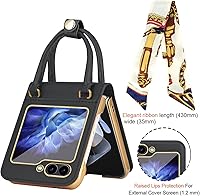 Vista 4 de Funda de cuero prémium para Galaxy Z Flip 6 con agarre de mano y bufanda de seda con correa de muñeca para mujer, funda Z Flip6 con protector