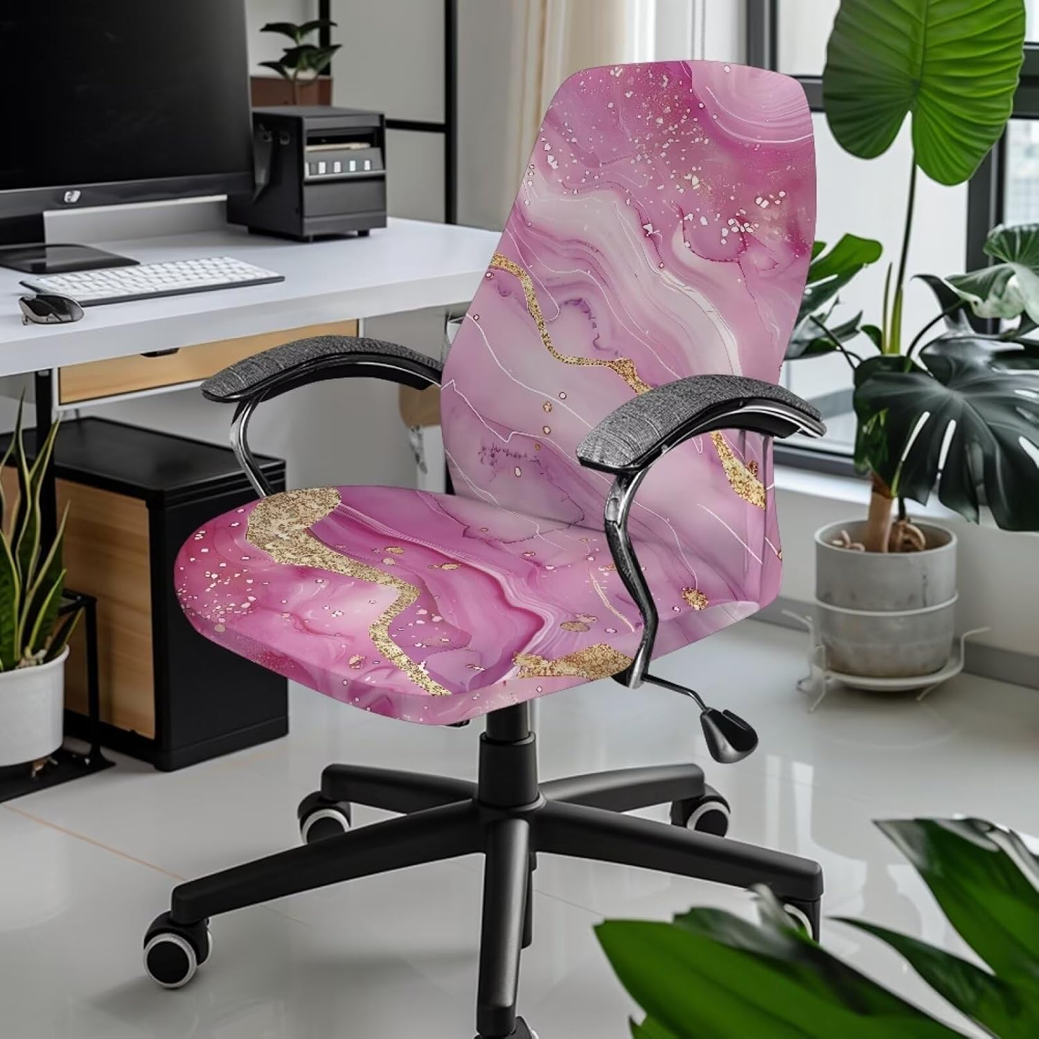 Soft Office Chair Cover Removable Computer Chair Slipcover Spandex Dorm High Back Chair Cover Executive Boss Chair Protection Desk Chair Cover, L, Pink Gold Marble
