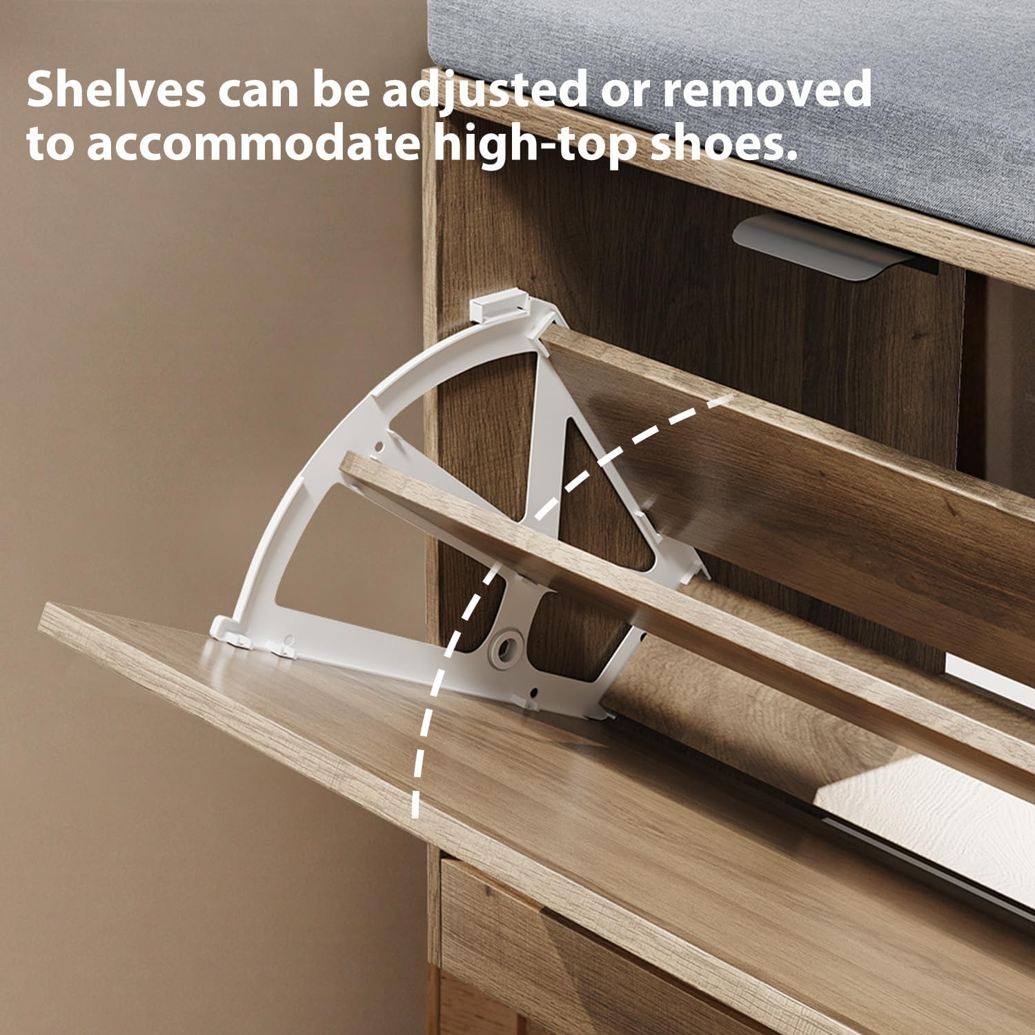 Rattan Storage Bench with Cushion & Coat Rack, Shoe Rack with 2 Flip Drawers, Narrow Shoe Storage Cabinet, Shoe Bench for Entryway, Living Room, Rustic Oak, Round