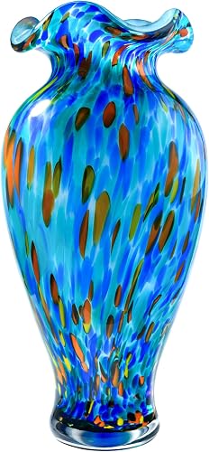 12 inch Hand Blown Glass Vase, Unique Sea Blue Crystal Flower Vase, Ocean Style Art Glass Home Table Centerpieces for Floral Bouquet Decorations