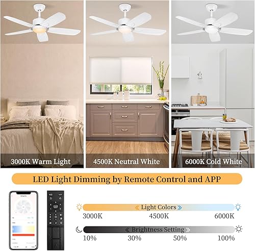 Miniatura 4 de Ventilador de techo con control remoto de luz, ventilador de techo regulable de 42 pulgadas para interiores y exteriores, para dormitorio, porche,