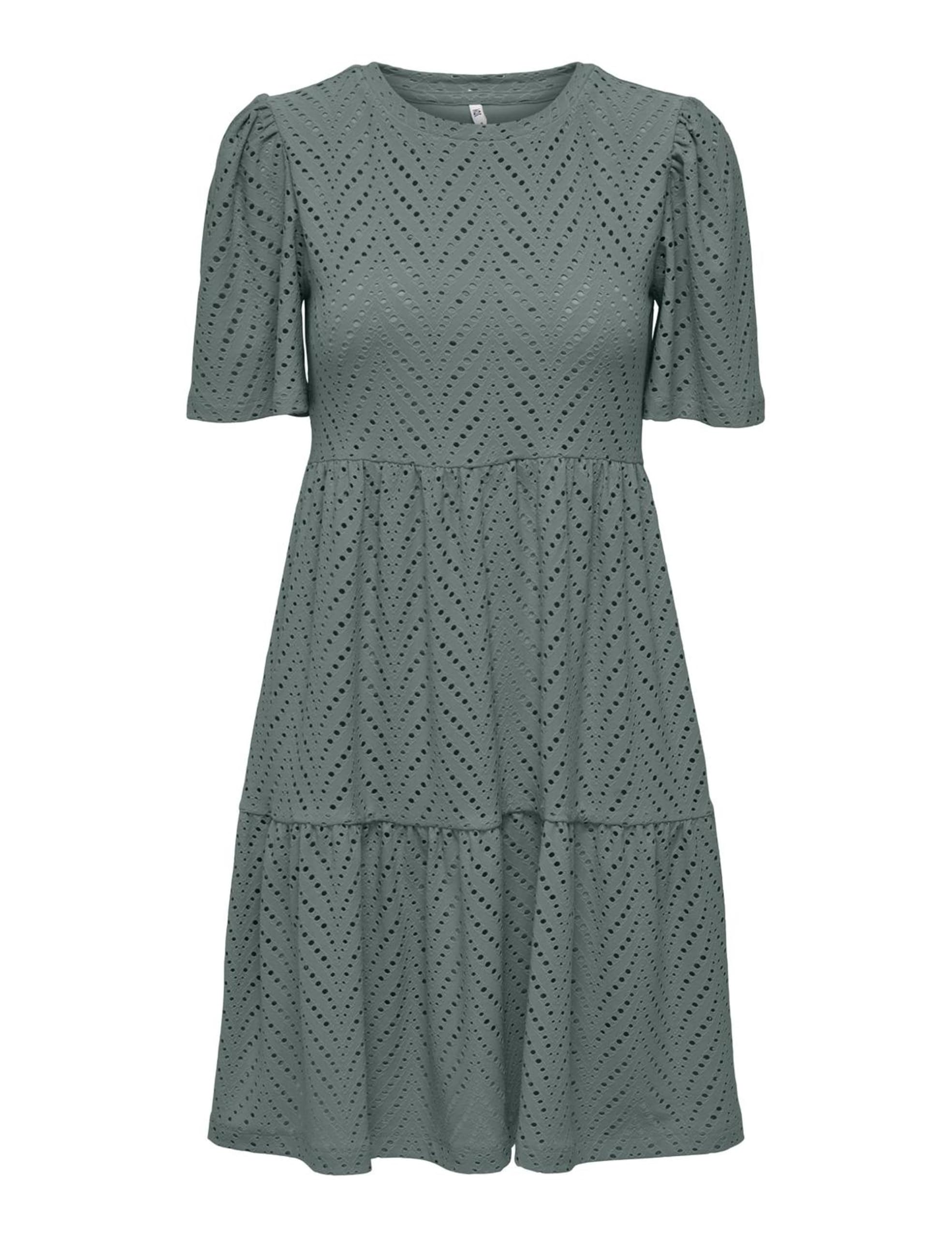 JDY Damen Kurzarm Kleid JDYCarla Cathinka A-Linie mit Lochmuster