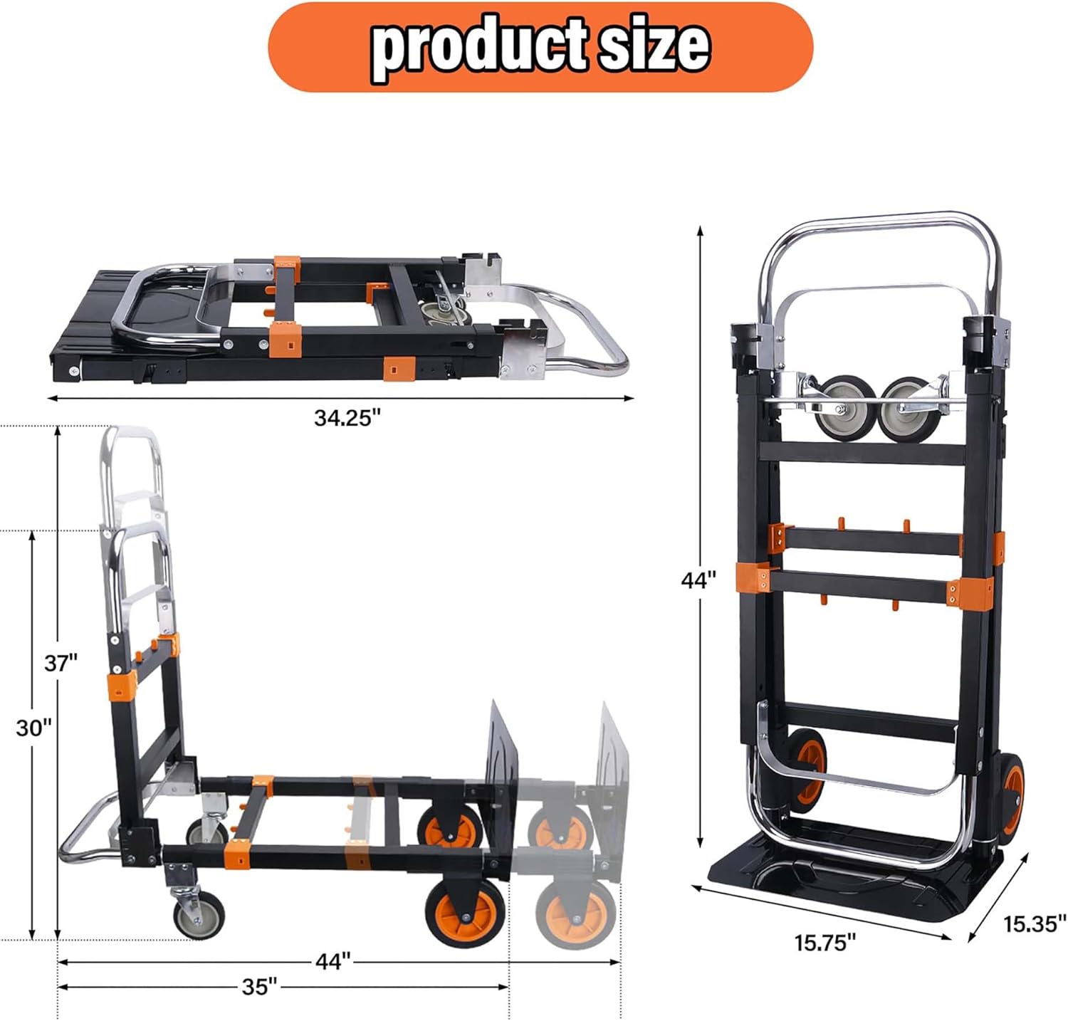 Upgraded 3 in 1 Folding Hand Truck, 600 lbs Convertible Heavy Duty Dolly Cart, Collapsible Hand Trucks with 4 Rubber Wheels and Retractable Handle for Moving Home, Warehouse, Supermarket (Orange)