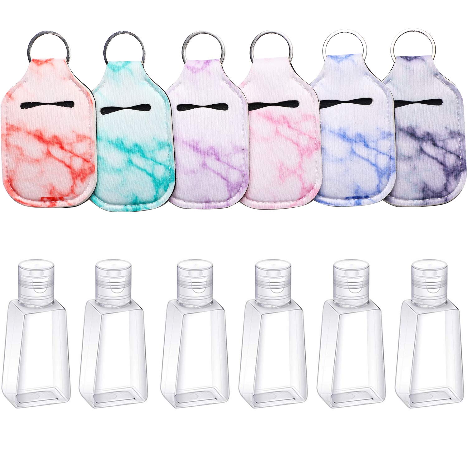 TanzDom 6 Pieces Travel Size Bottle with Hand Sanitizer Keychain Holder, Leakproof Refillable Travel Bottles with Flip Cap and Keychain Holder 1oz Container for Soap Liquids, Lotion, Marble