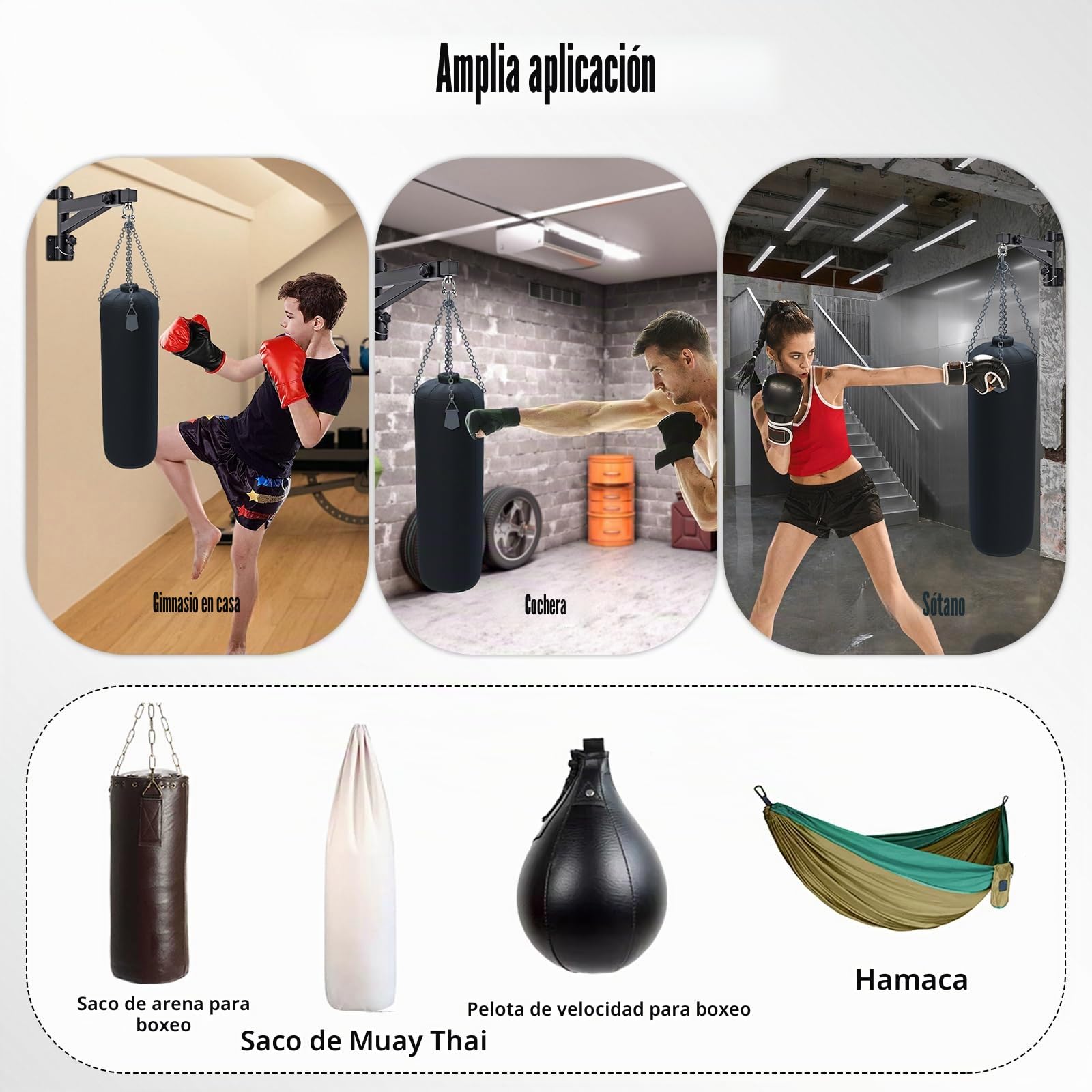 Soporte Saco Boxeo Pared, Colgador Ajustable 43-63cm, Rotación 180°, Soporta 150kg, para Muay Thai
