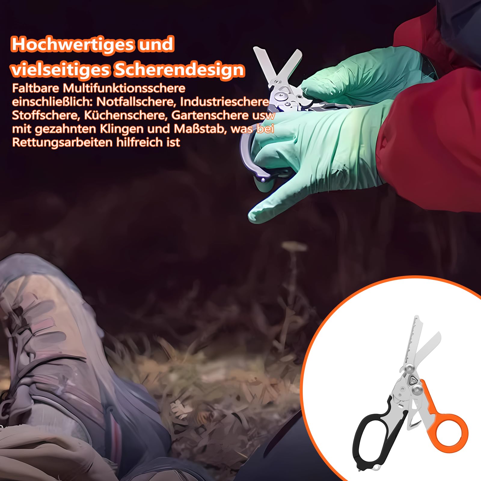 Trauma-Schere, Rettungsschere Multitool, Notfallschere, Glasbrecher, Gurtschneider, Schwarz-Orange