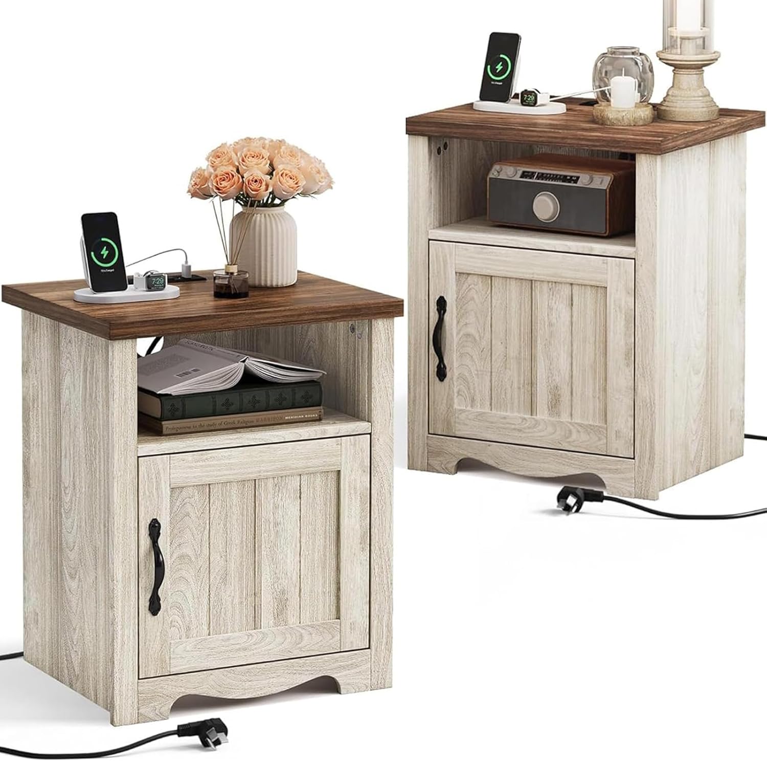 Product image of LINSY Farmhouse Night Stand Set of 2, 18.9” Wood End Table with Charging Station, Side Table for Bedroom, Living Room, Couch with USB Ports and Outlets, Nightstand with Storage, Beige
