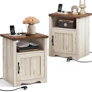 LINSY Farmhouse Night Stand Set of 2, 18.9” Wood End Table with Charging Station, Side Table for Bedroom, Living Room, Couch with USB Ports and Outlets, Nightstand with Storage, Beige - Amazon product rated Grade A