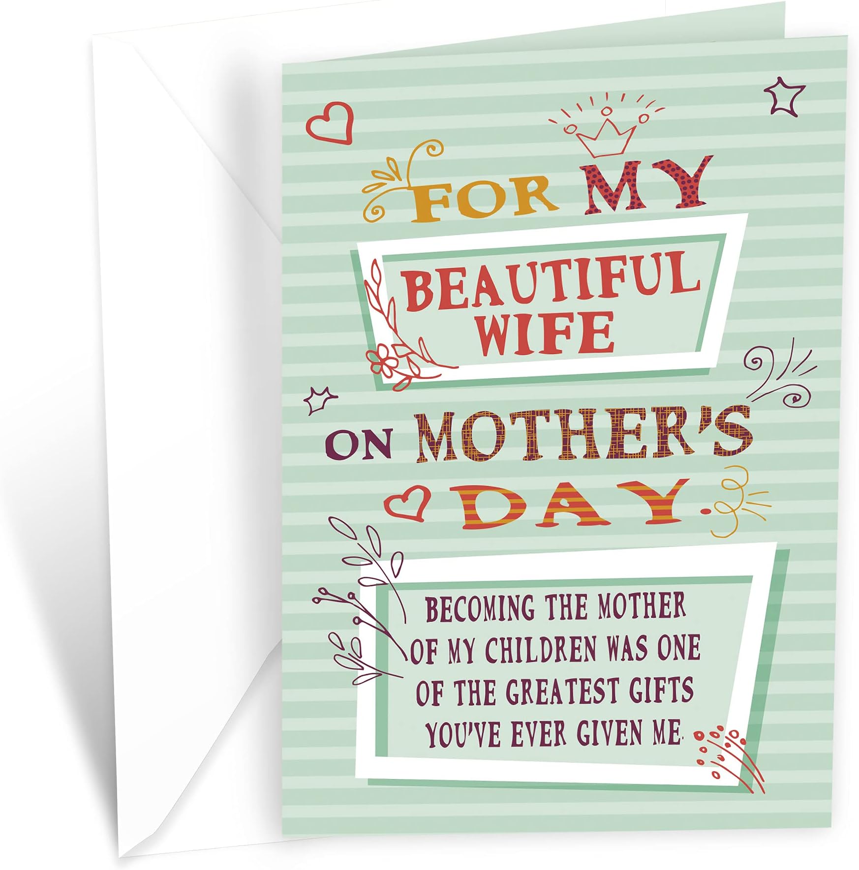Prime Greetings Mother's Day Card For Wife, Made in America, Eco-Friendly, Thick Card Stock with Premium Envelope 5in x 7.75in, Packaged in Protective Mailer (Wife)
