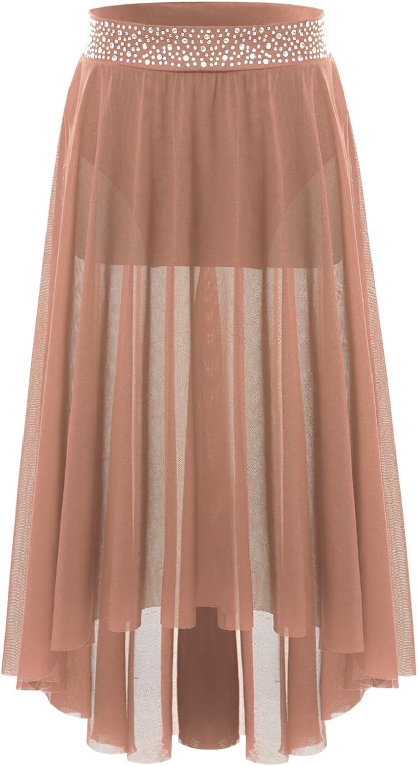 ranrann Kids Girls Ballet Skirt Shiny Lyrical Contemporary Dance Skirt Sheer Long Skirt with Elastic Waistband
