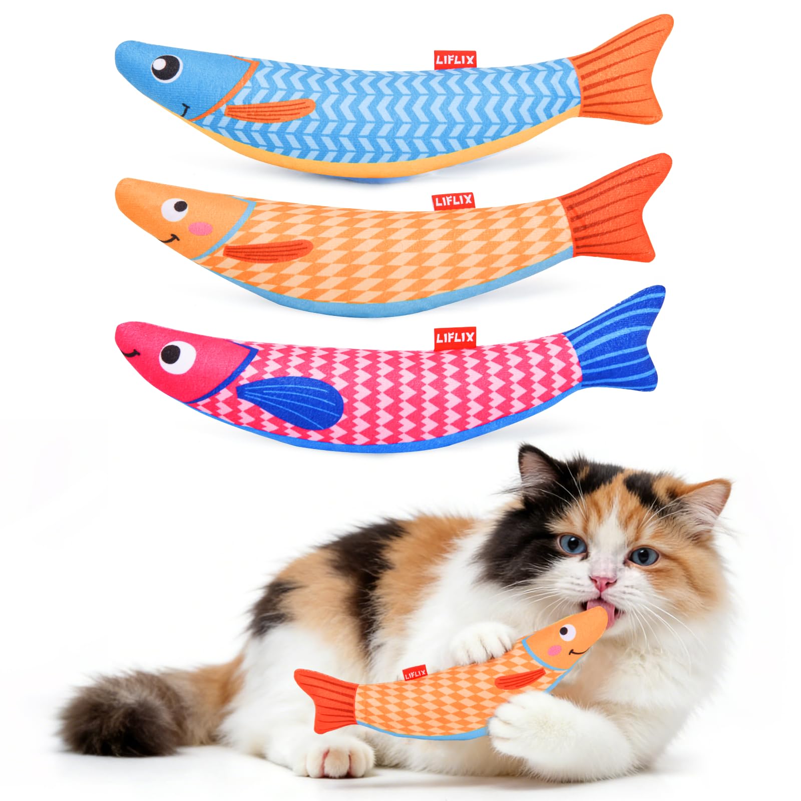 LIFLIX 3PCS Catnip Toys for Cats, Crinkle Cat Toy, Cat Fish Toy for Indoor Cats and Kittens, Cat Kicker Toy, Cat Toys with Catnip, Interactive Crinkle Fish Cat Toys for Bored Indoor Cats