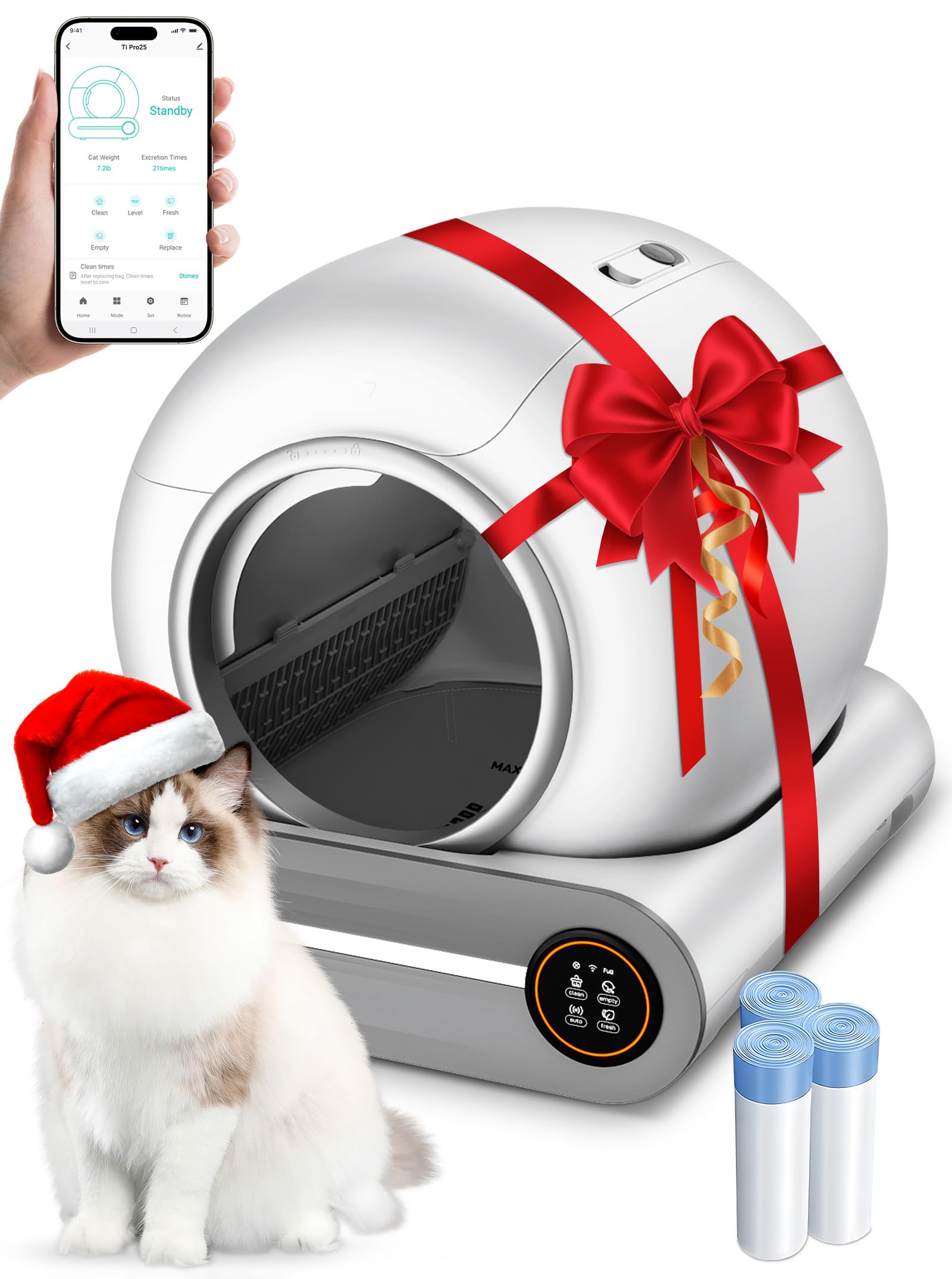 Automatic Litter Box, Upgraded Robot Self Cleaning Litter Box for Multiple Cats, 65L+9L Extra Large, Features Negative ion Sterilization and Deodorization, APP Control, 3 Rolls Litter Bag Liners