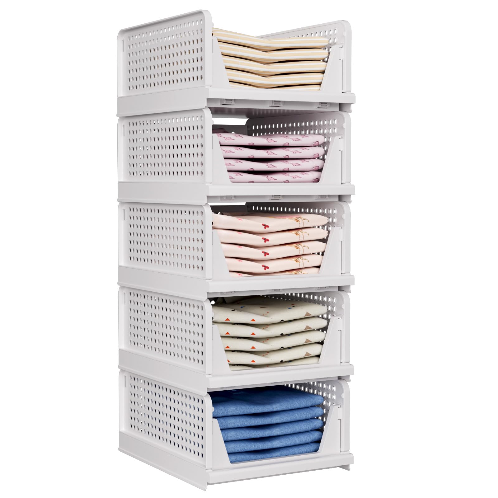TidyIsles Kleiderschrank Aufbewahrung Organizer - 5 Pack Faltbare Schrank-Organizer, Stapelbare Aufbewahrungsboxen, Kunststoff-Schubladen-Organizer-Korb für Schlafzimmer, Küche, Badezimmer, Weiß