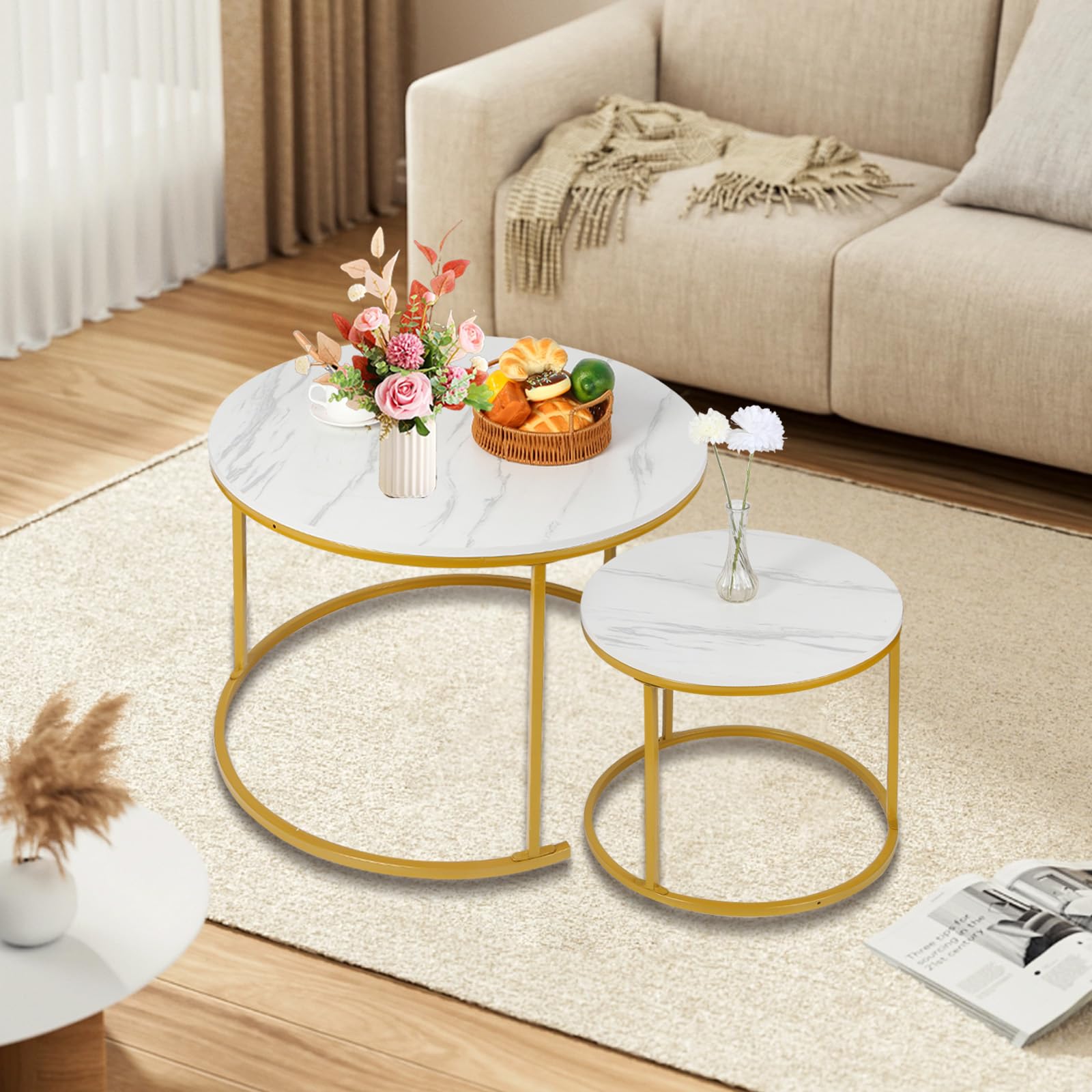 OHMG Set de 2 Tables Gigognes Rondes,Tables Basses,70/50cm,Table d'appoint Ronde,Design Moderne,Table de Salon en marbre,avec Pied en Acier (Blanc+or-70 * 70 * 45cm)