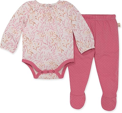 Burts Bees Baby Unisex-Child Long Sleeve Footed Bodysuit & Tie-Up Pant Set