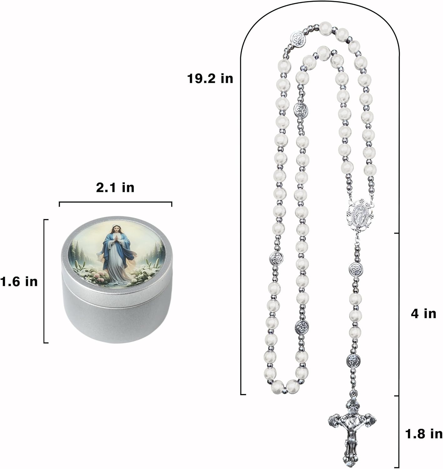8mm Glass Pearl Rosary - Catholic Necklace for Men and Women Comes in a Metal Gift Box, First Communion Rosary Necklace as Gifts